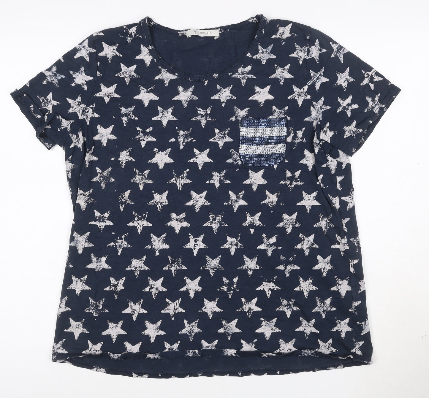 Monari Women's Blue Star Sequin Pocket Cotton T-Shirt Size 16