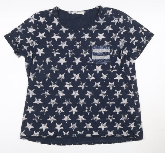 Monari Women's Blue Star Sequin Pocket Cotton T-Shirt Size 16