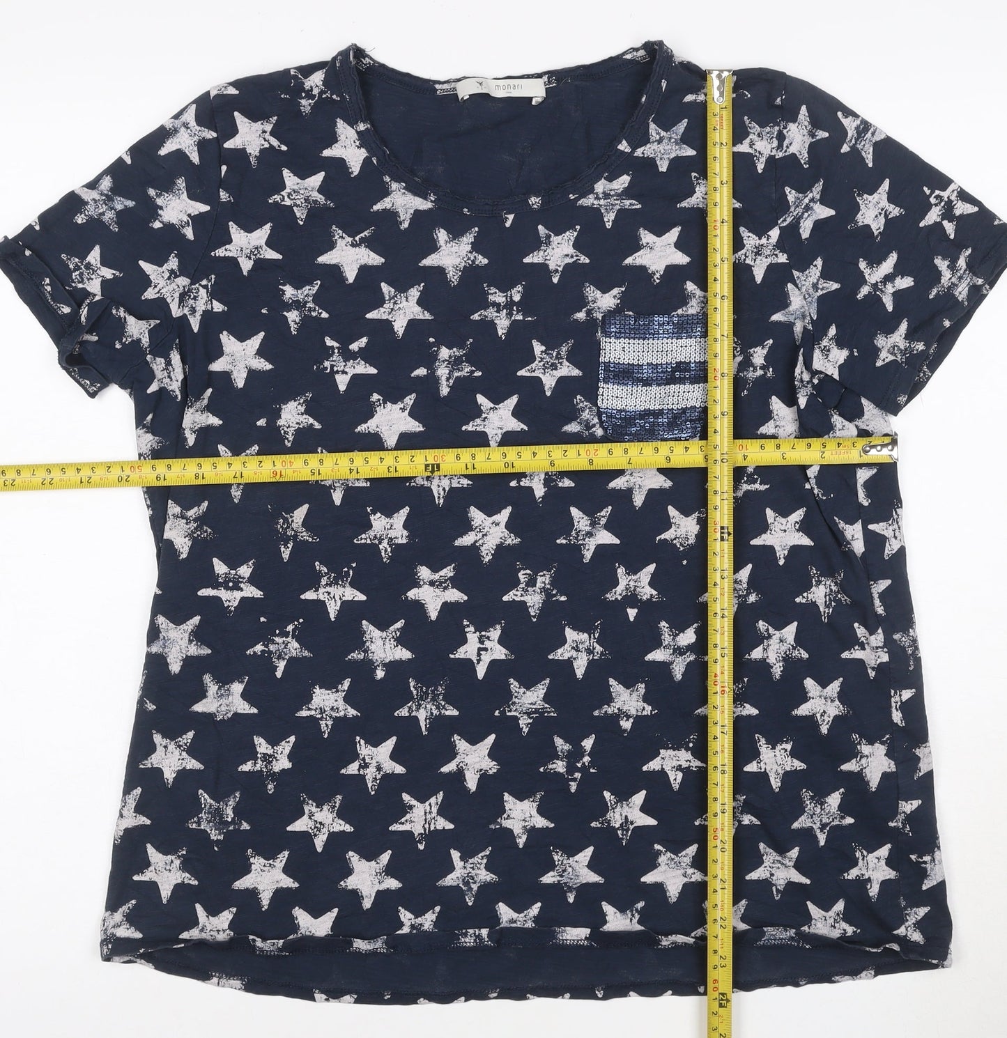 Monari Women's Blue Star Sequin Pocket Cotton T-Shirt Size 16