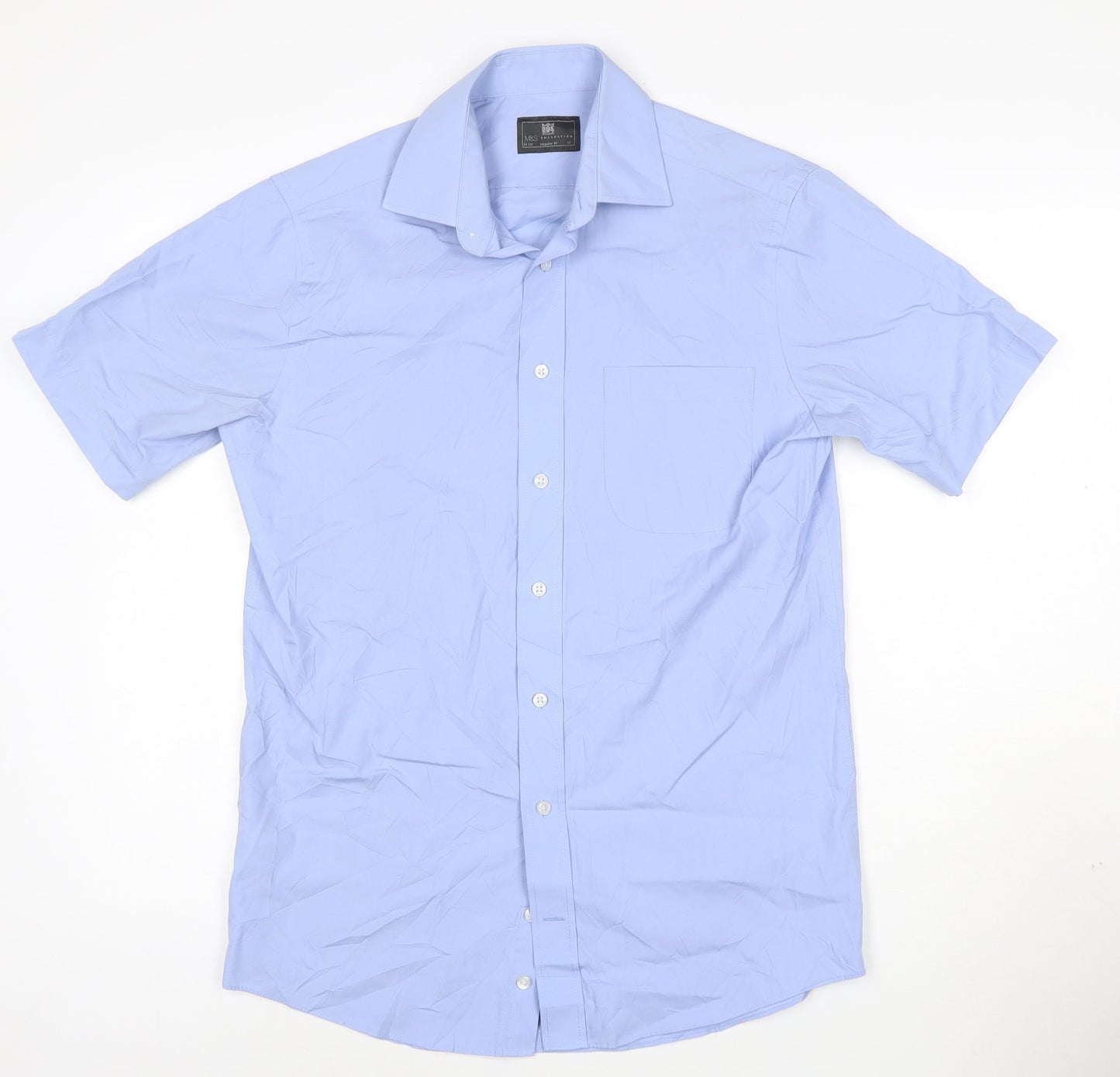Marks and Spencer Men's Blue Short Sleeve Regular Fit Cotton Blend Shirt Size 15