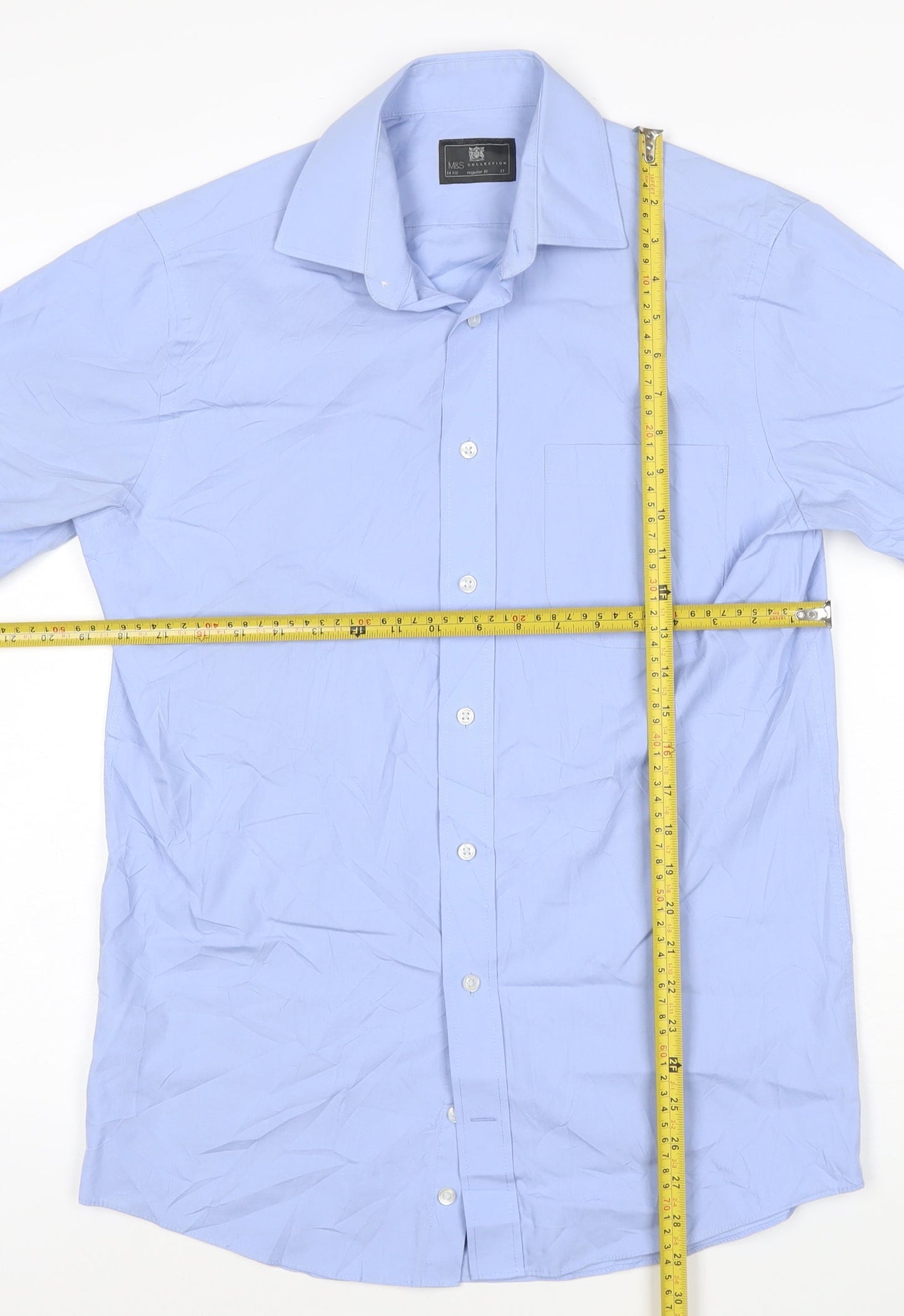 Marks and Spencer Men's Blue Short Sleeve Regular Fit Cotton Blend Shirt Size 15