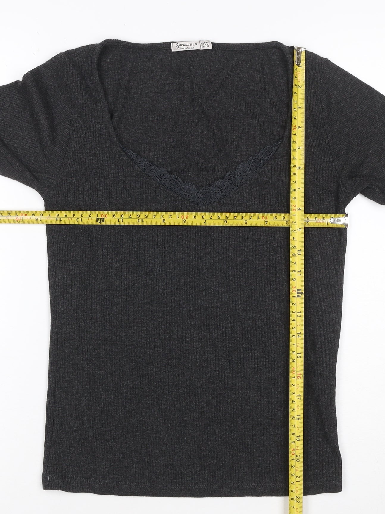 Stradivarius Women’s Grey Long Sleeve Lace V-Neck Stretch Top Size 12