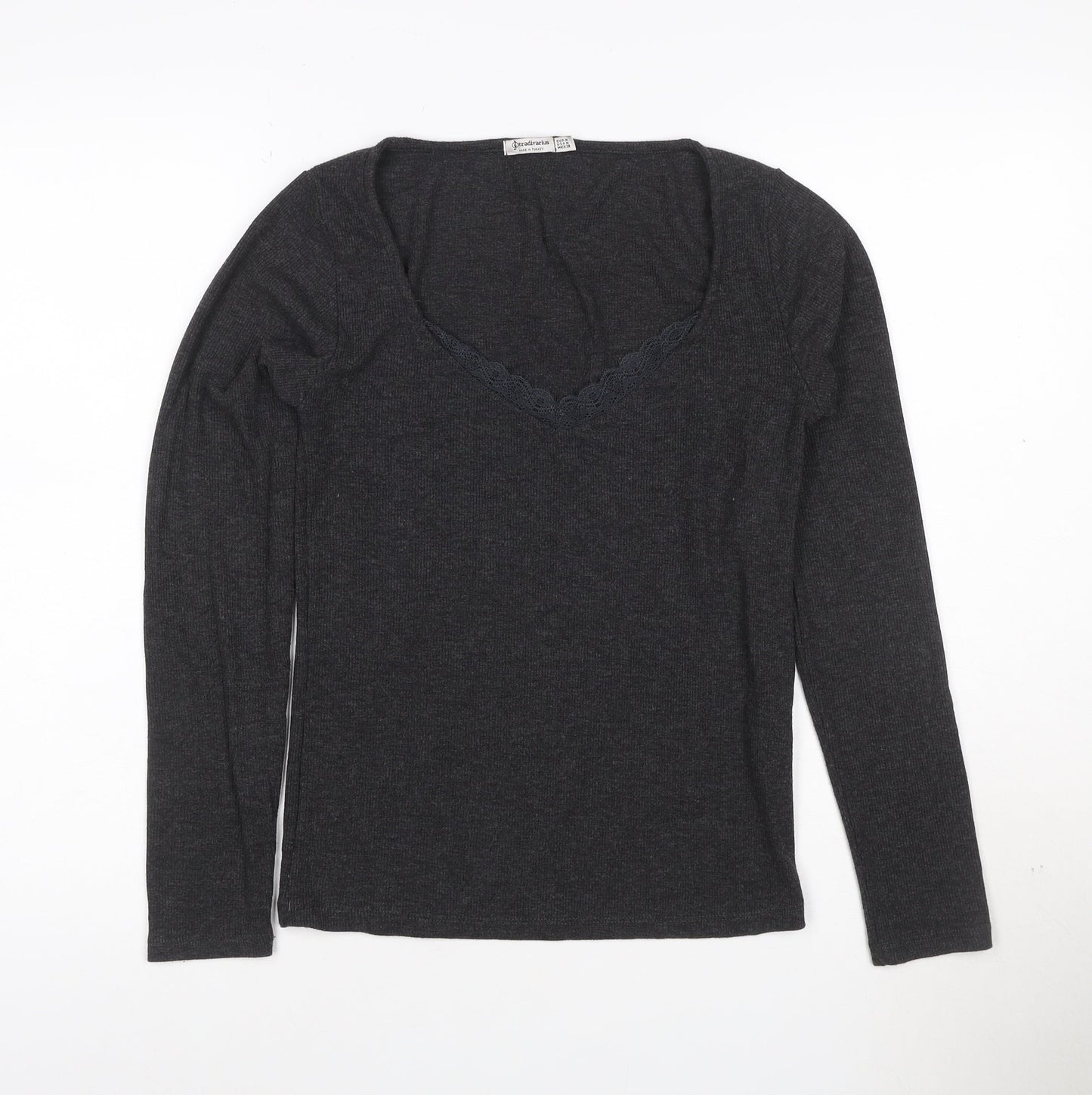 Stradivarius Women’s Grey Long Sleeve Lace V-Neck Stretch Top Size 12