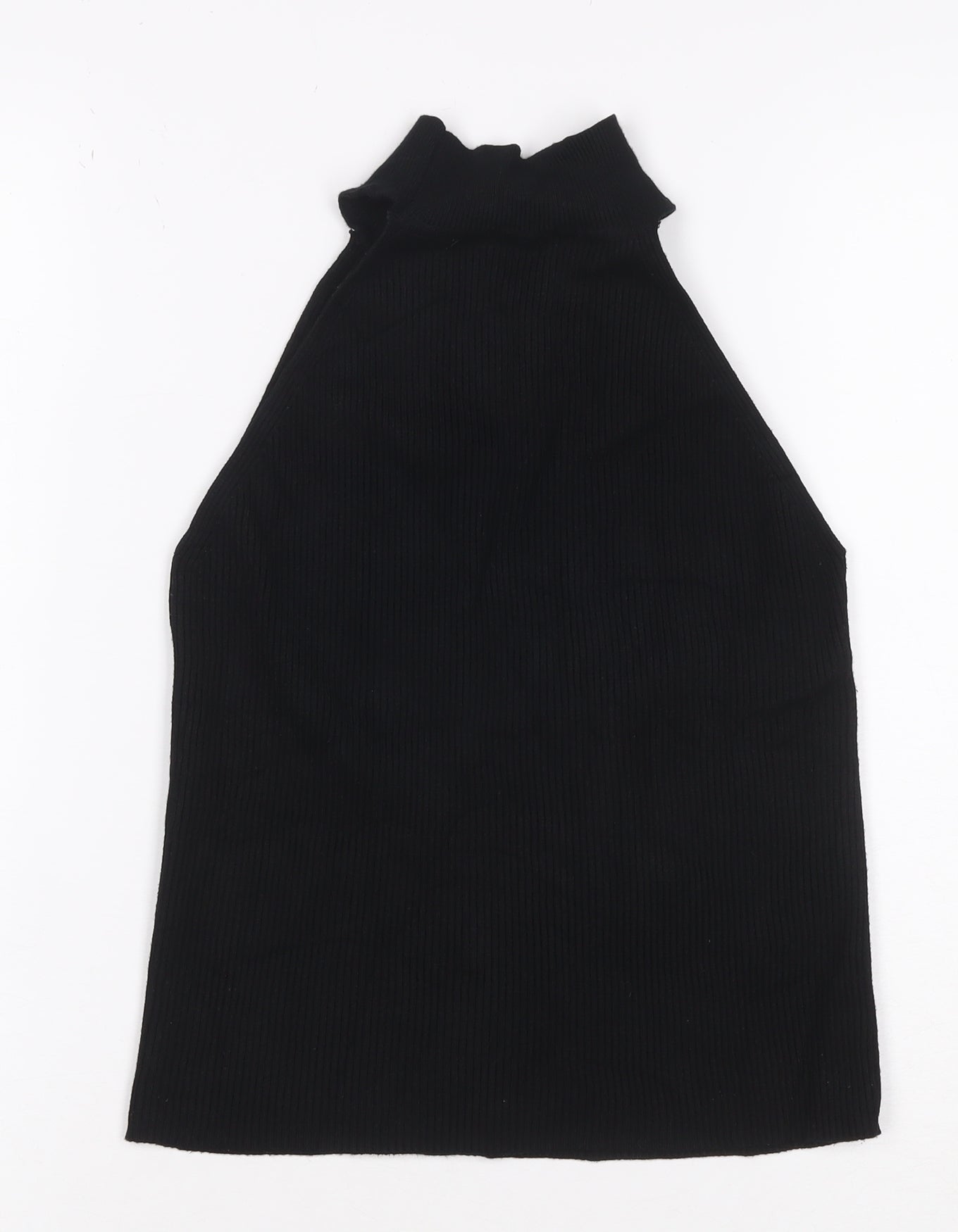 ZARA Women Black Ribbed Knit High Neck Halter Tank Top M