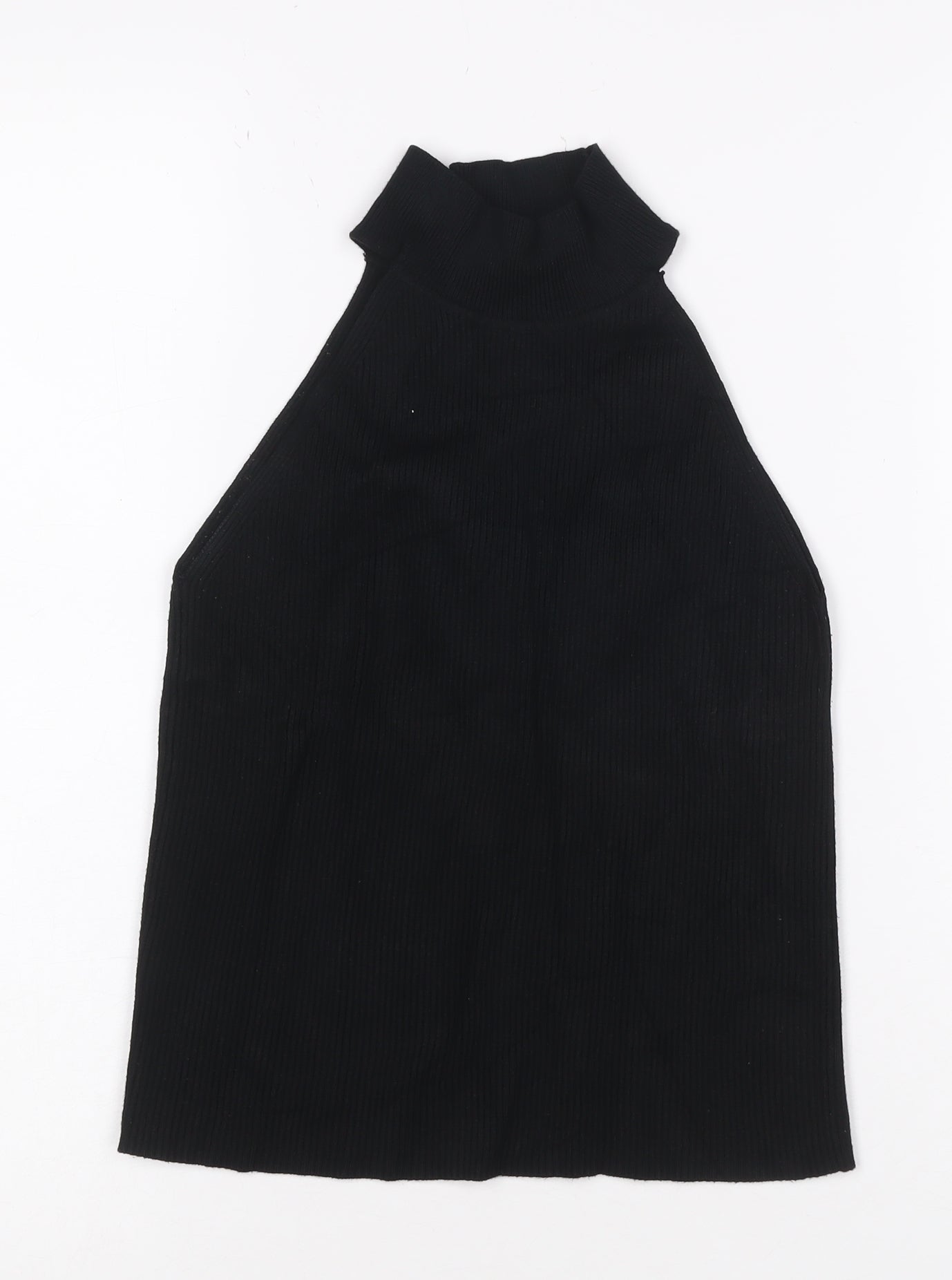 ZARA Women Black Ribbed Knit High Neck Halter Tank Top M