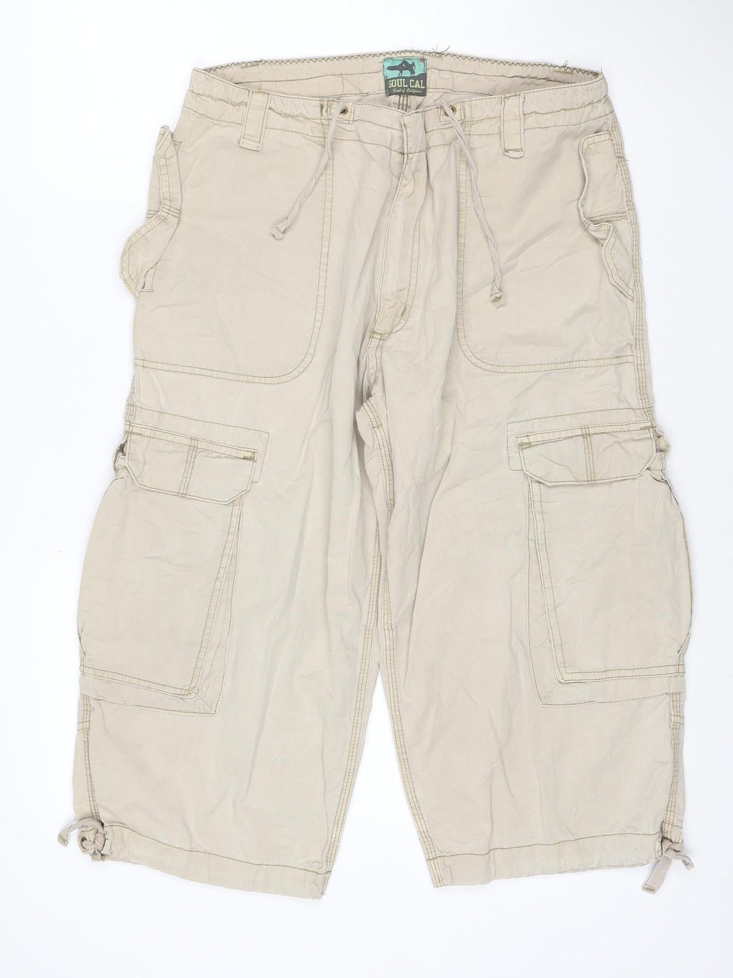 SoulCal Men's Beige Cargo Trousers M Lightweight Cotton Drawstring