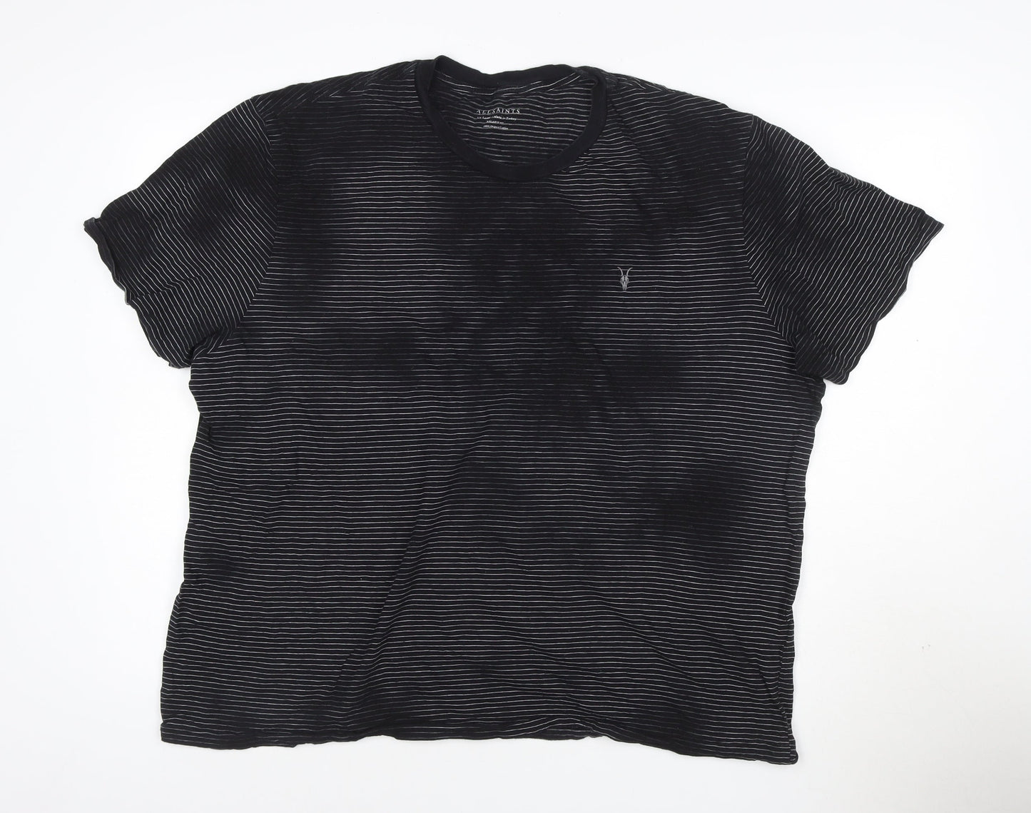 AllSaints Men's Black Striped Crew Neck T-Shirt XL Organic Cotton