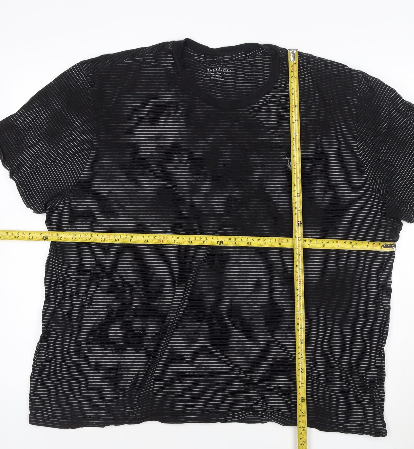AllSaints Men's Black Striped Crew Neck T-Shirt XL Organic Cotton