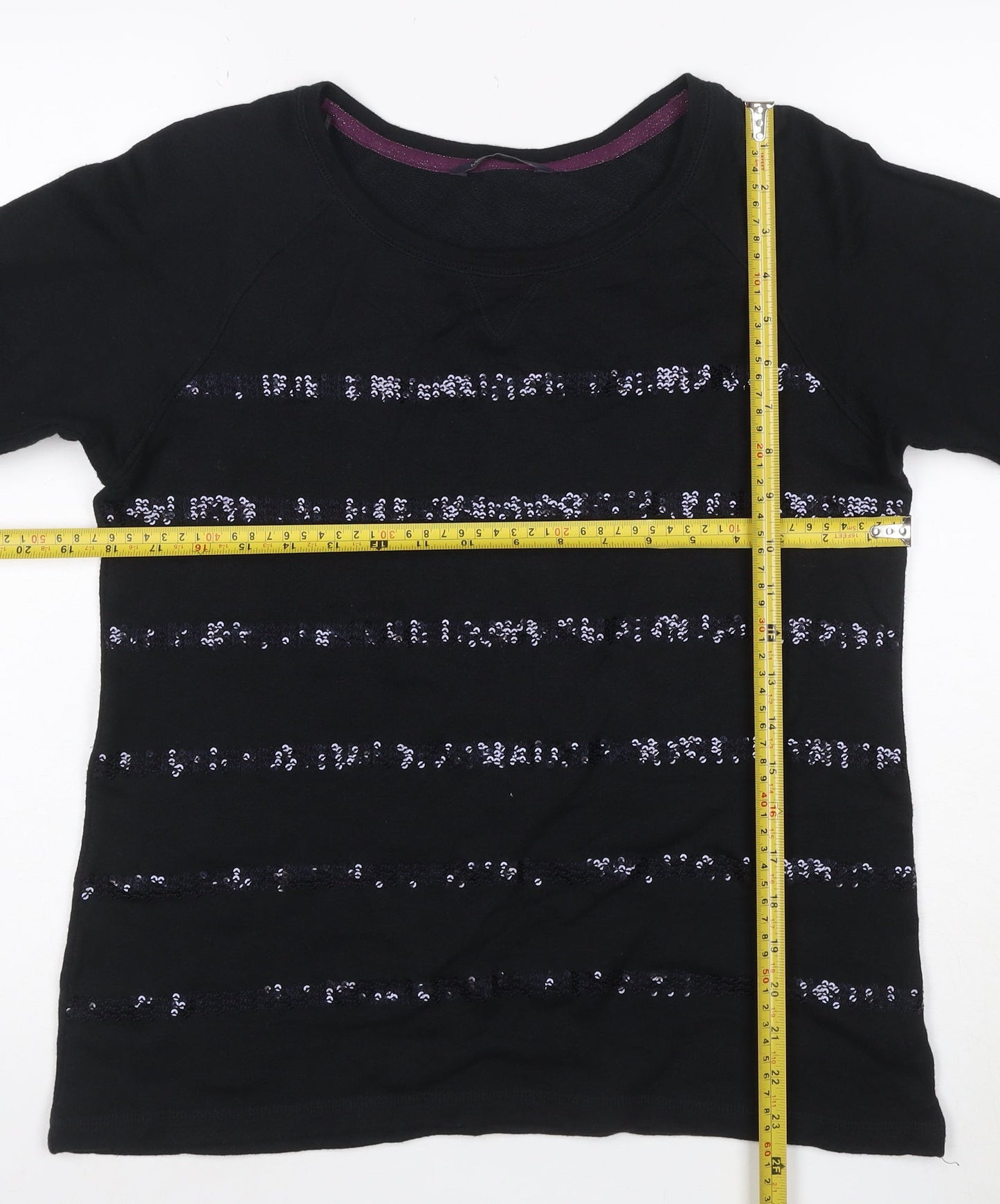 Marks and Spencer Women’s Black Sequin Striped 3/4 Sleeve T-Shirt Size 14
