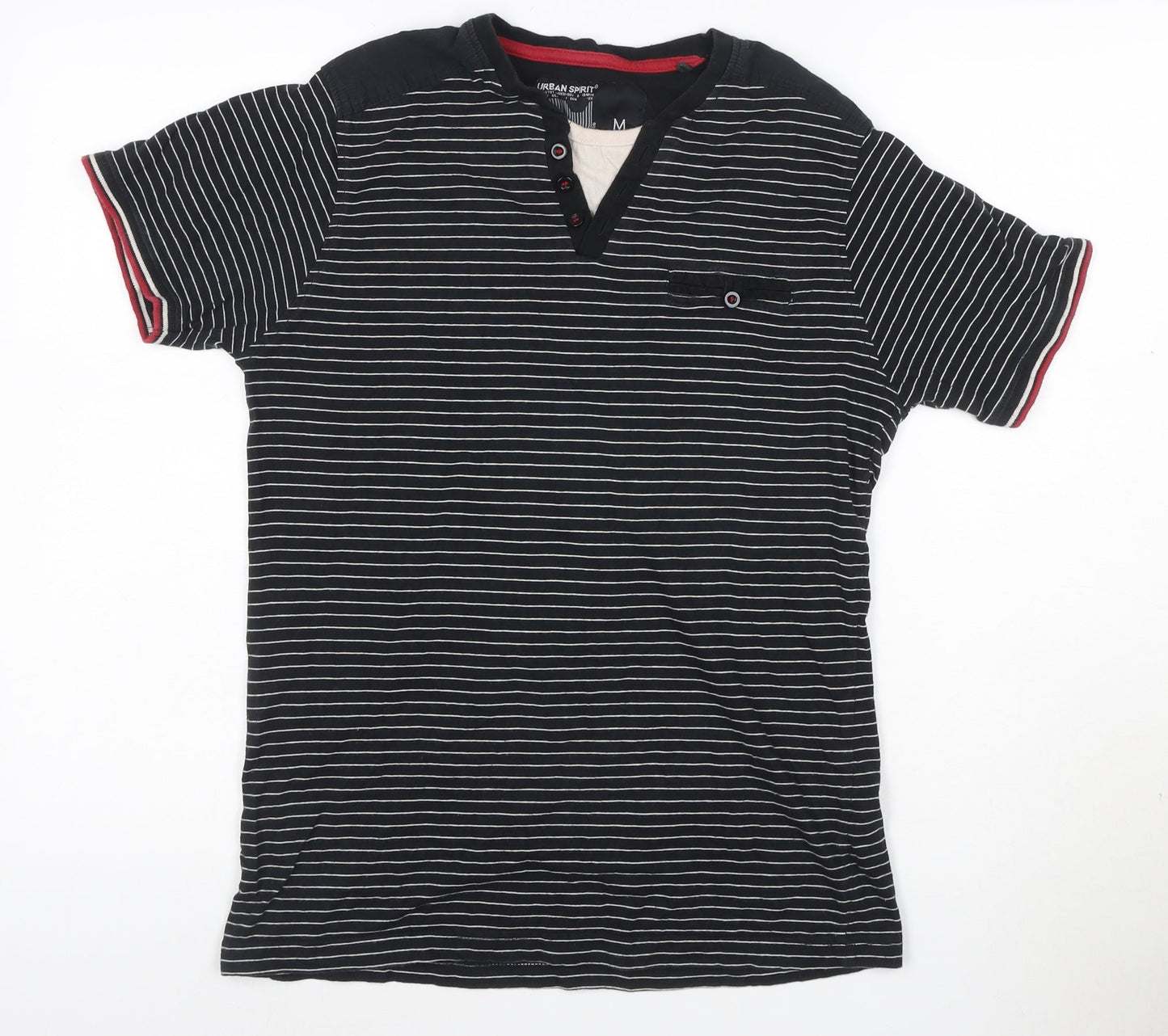 Urban Spirit Men's Black Striped Henley Polo Shirt Size M