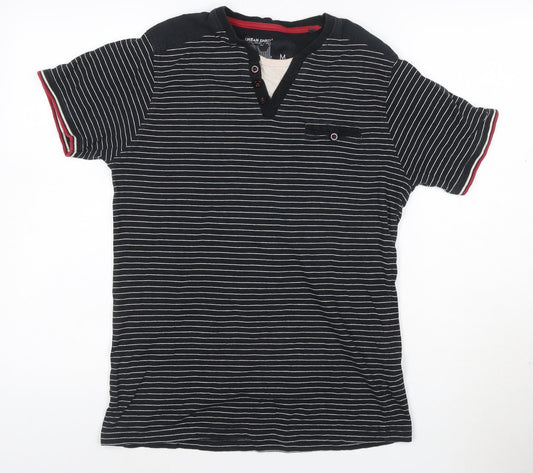 Urban Spirit Men's Black Striped Henley Polo Shirt Size M