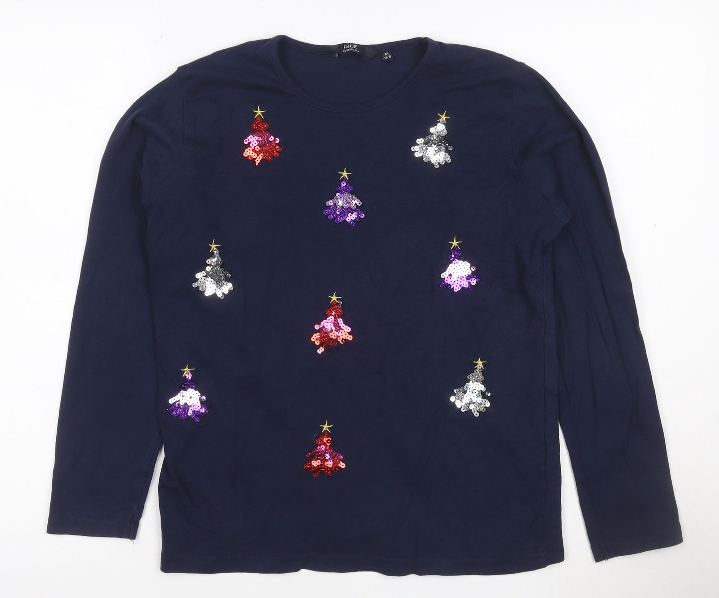 Isle Essentials Womens Blue Sequin Christmas Long Sleeve Cotton T-Shirt Size M
