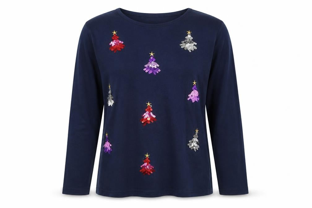 Isle Essentials Womens Blue Sequin Christmas Long Sleeve Cotton T-Shirt Size M