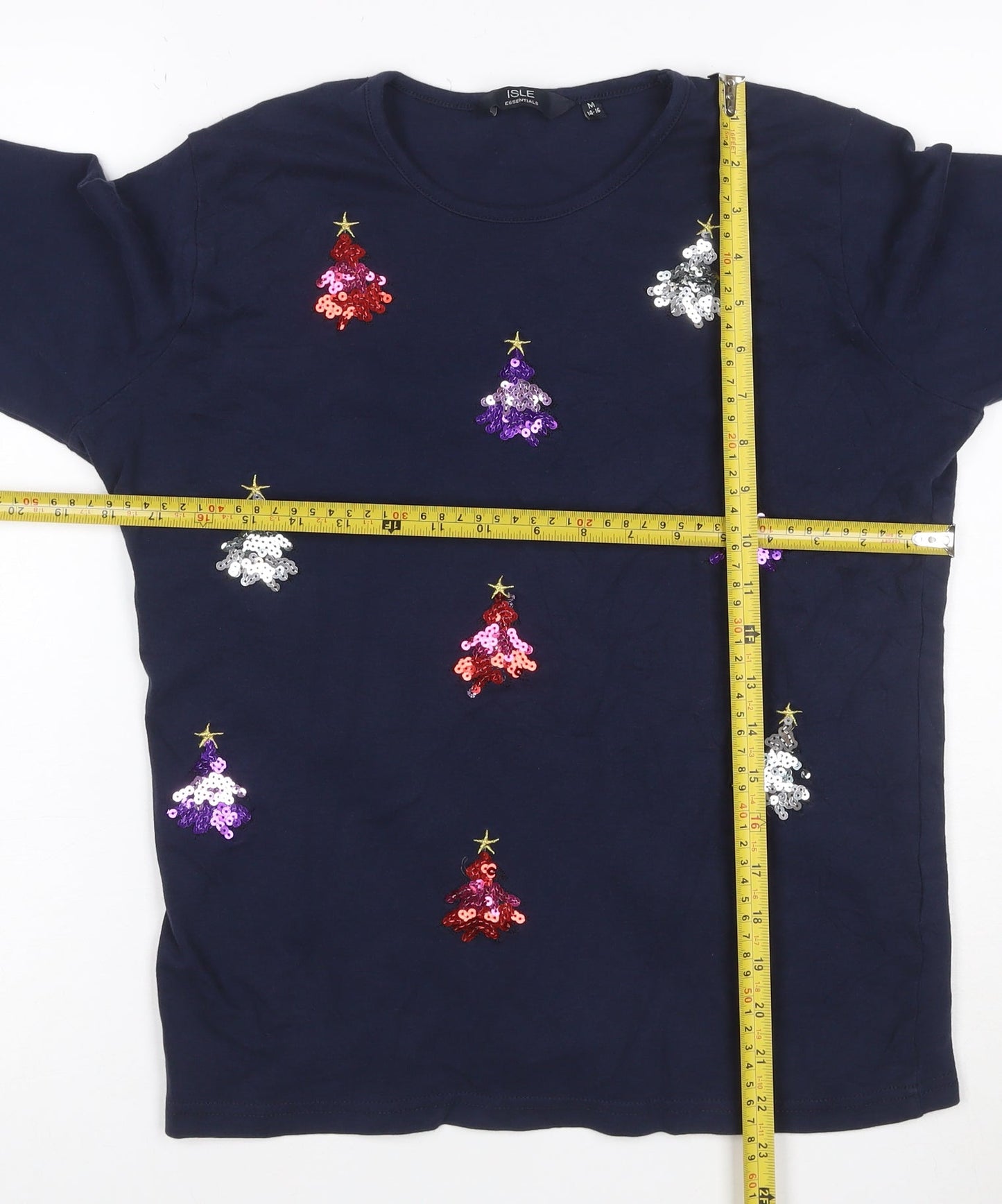 Isle Essentials Womens Blue Sequin Christmas Long Sleeve Cotton T-Shirt Size M
