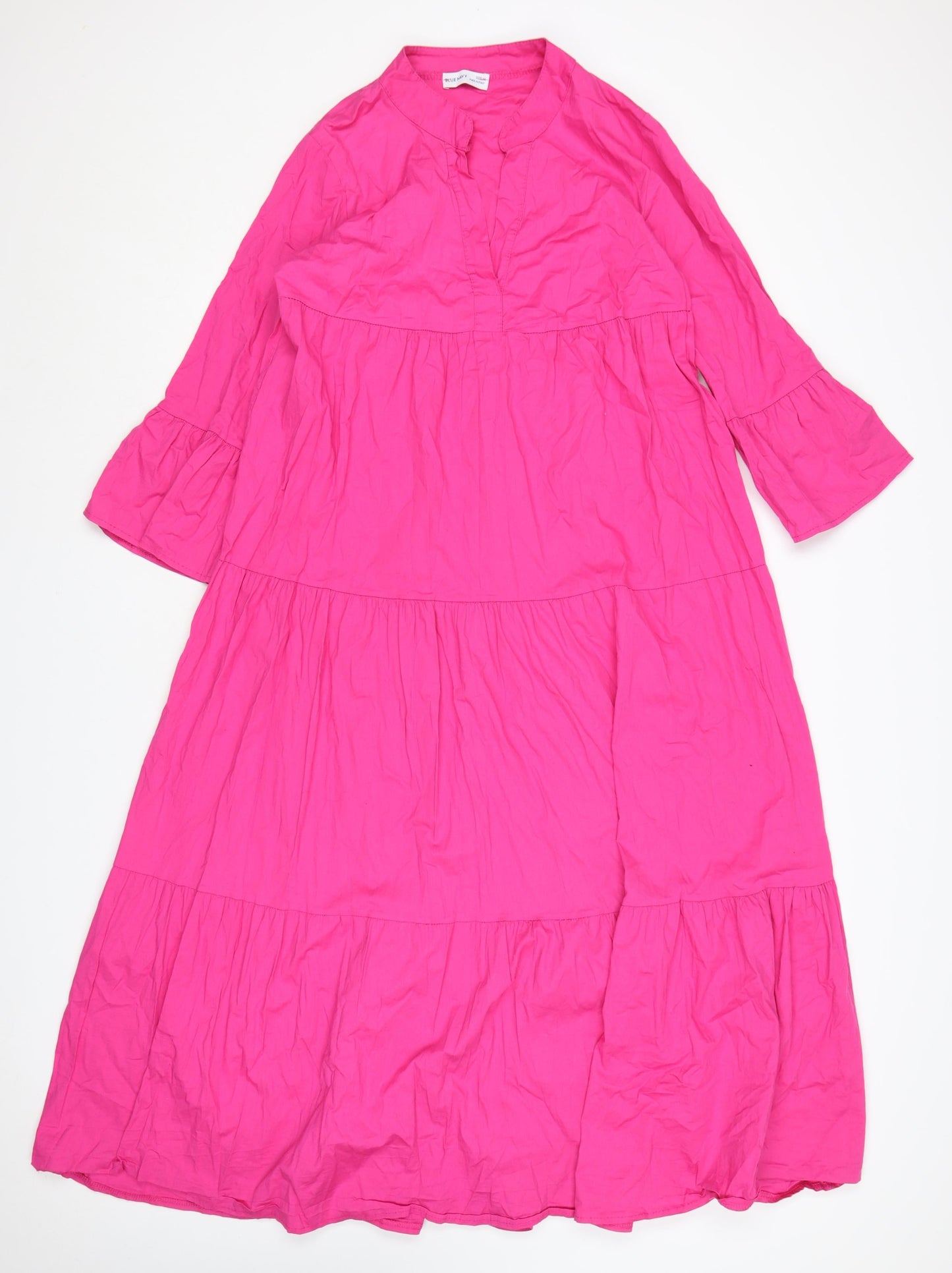 Blue Navy Women's Pink Midi Trapeze Dress M 3/4 Sleeve V-Neck