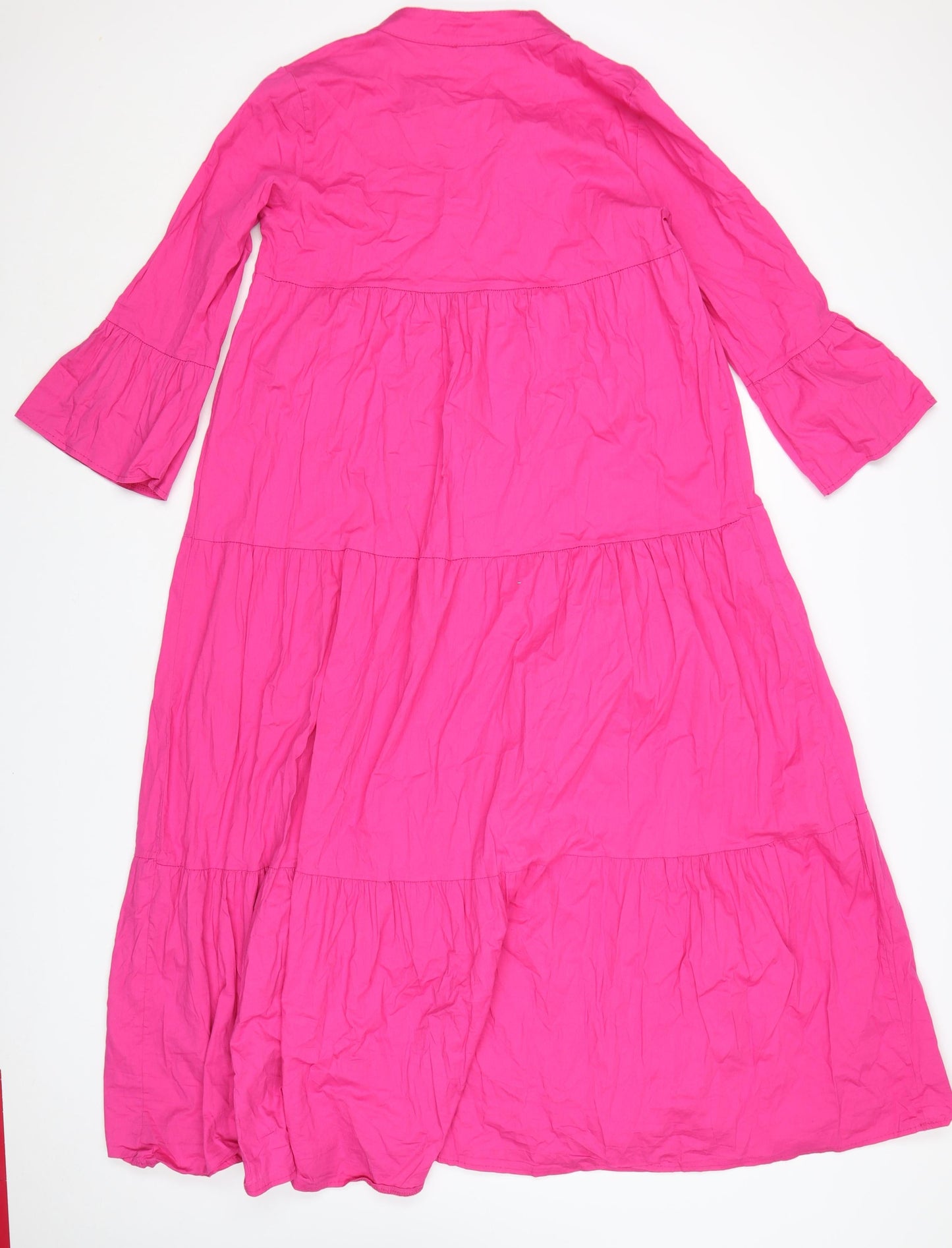 Blue Navy Women's Pink Midi Trapeze Dress M 3/4 Sleeve V-Neck