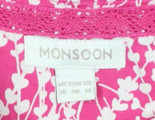 Monsoon Women's Pink Floral Cotton A-Line Sleeveless Dress Size 18