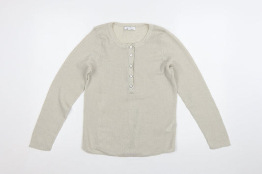 Next Women Beige Henley Knit Long Sleeve Jumper Size L