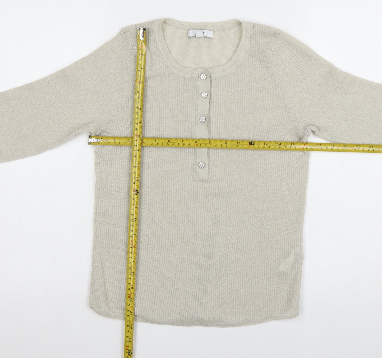 Next Women Beige Henley Knit Long Sleeve Jumper Size L