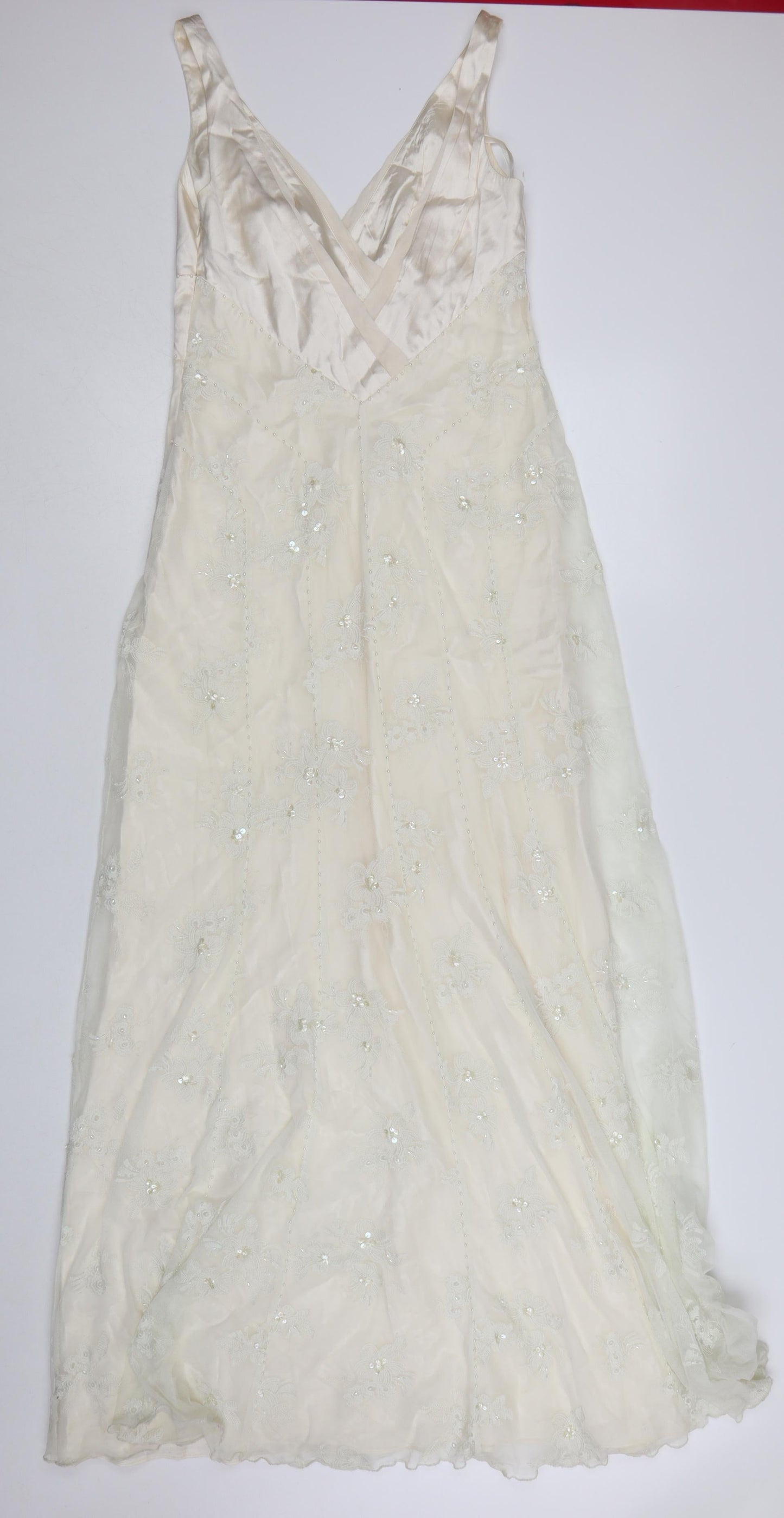 Monsoon Women Ivory Slip Dress Size 10 Beaded Sequin Embroidered Long Gown