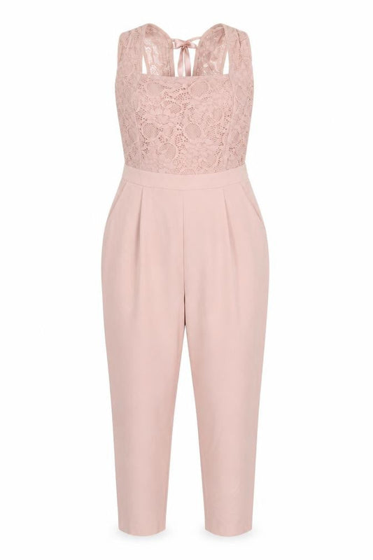 Front view of ASOS Women's Pink Lace Backless Jumpsuit, size 10 Slim, Fit