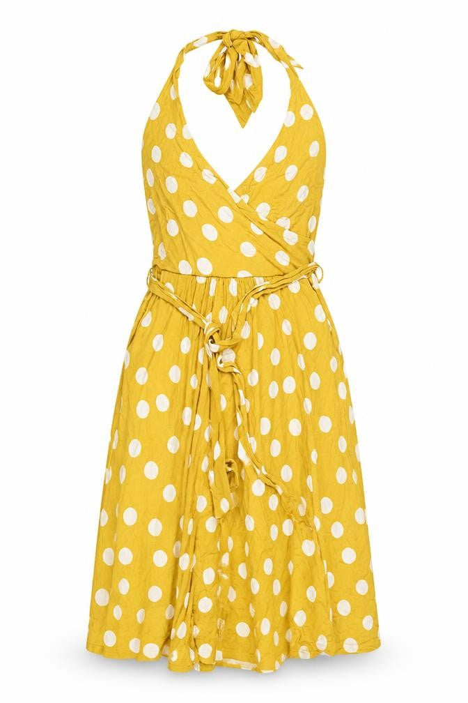 Boden Women Yellow Polka Dot Wrap Halter Dress Size 10