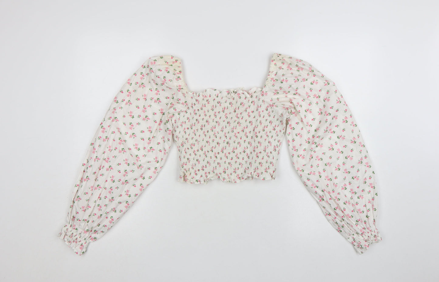 Loststock Women’s Ivory Floral Cropped Puff Sleeve Cotton Blouse S
