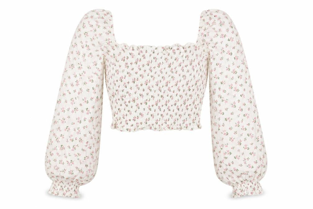 Loststock Women’s Ivory Floral Cropped Puff Sleeve Cotton Blouse S