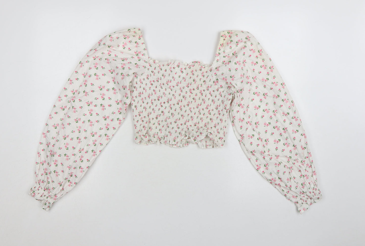 Loststock Women’s Ivory Floral Cropped Puff Sleeve Cotton Blouse S