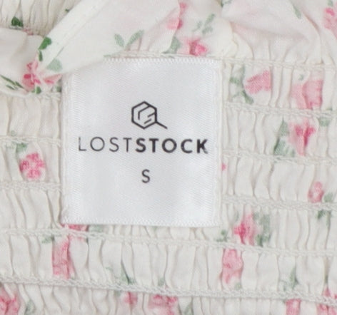 Loststock Women’s Ivory Floral Cropped Puff Sleeve Cotton Blouse S