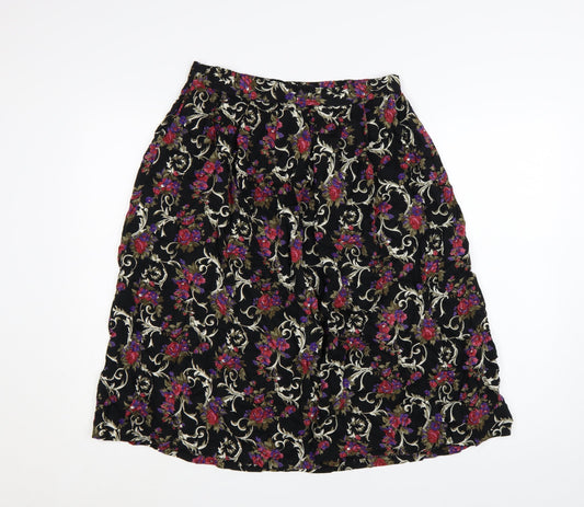 Classic Woman Black Floral Viscose A-Line Skirt Size 14 Women’s