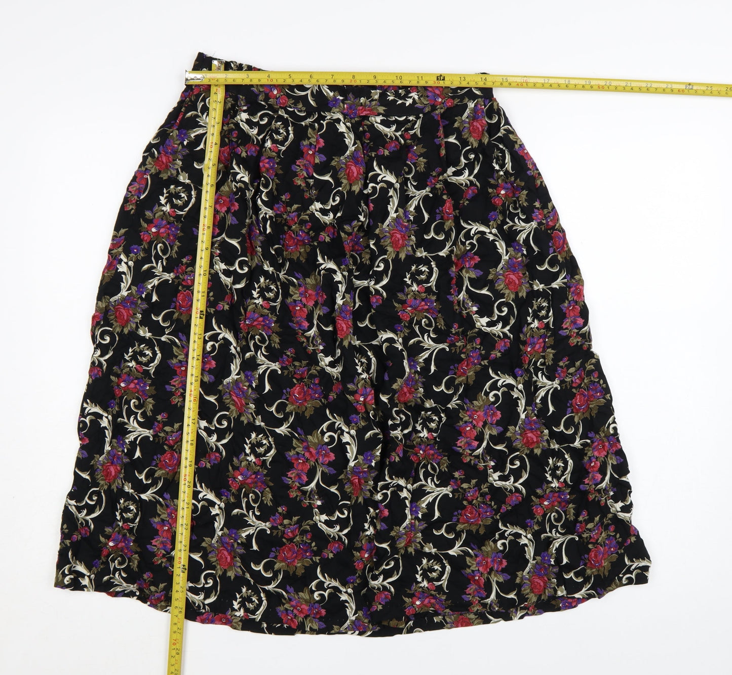 Classic Woman Black Floral Viscose A-Line Skirt Size 14 Women’s