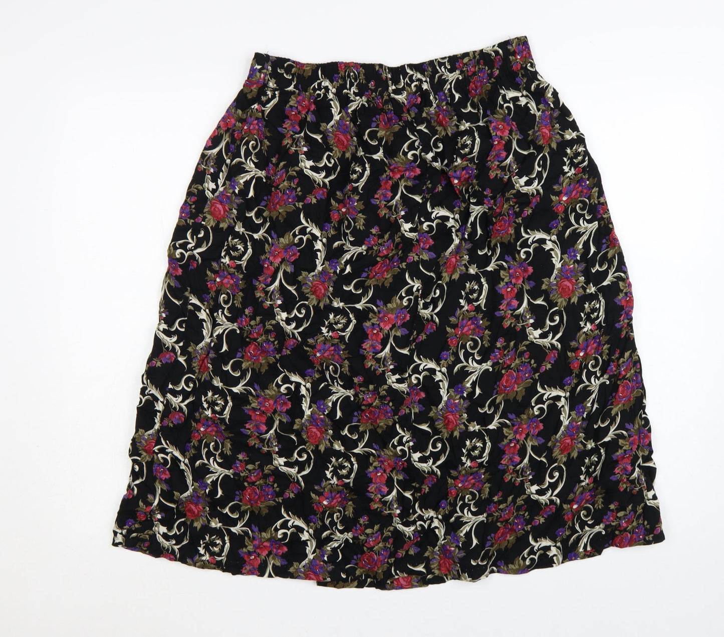 Classic Woman Black Floral Viscose A-Line Skirt Size 14 Women’s