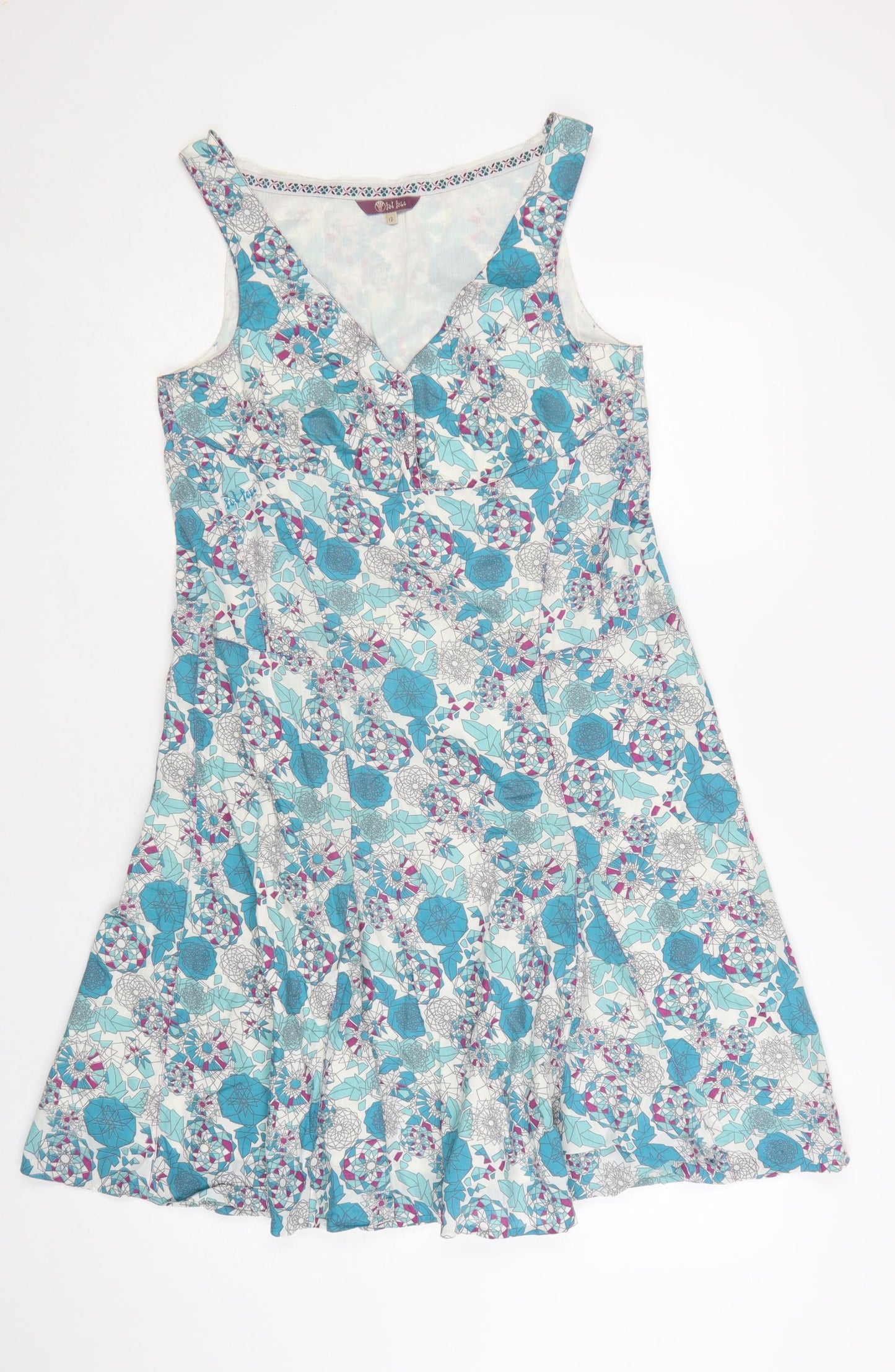 Fat Face Women's Blue Floral Cotton A-Line Sleeveless Dress Size 12