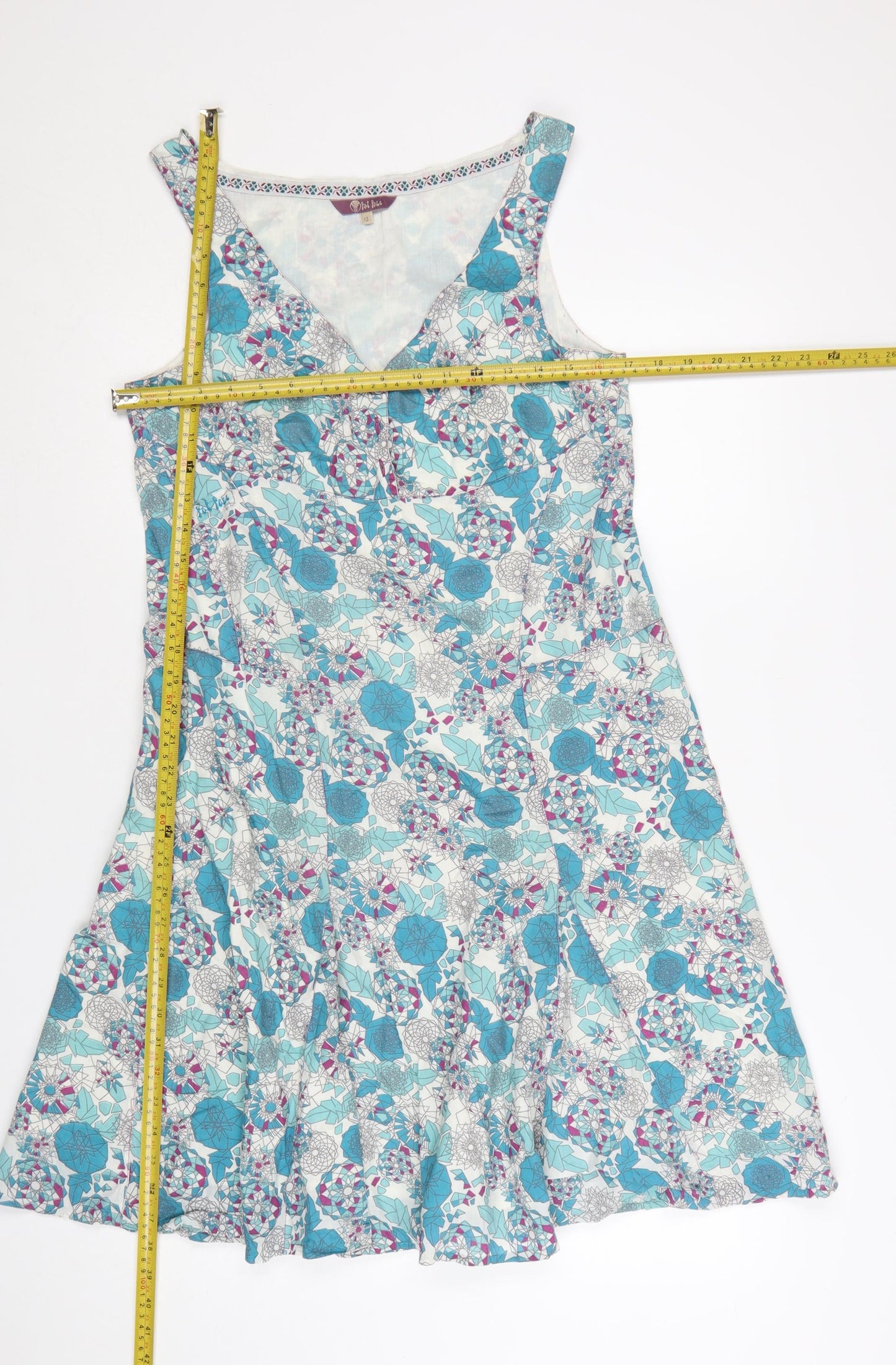 Fat Face Women's Blue Floral Cotton A-Line Sleeveless Dress Size 12