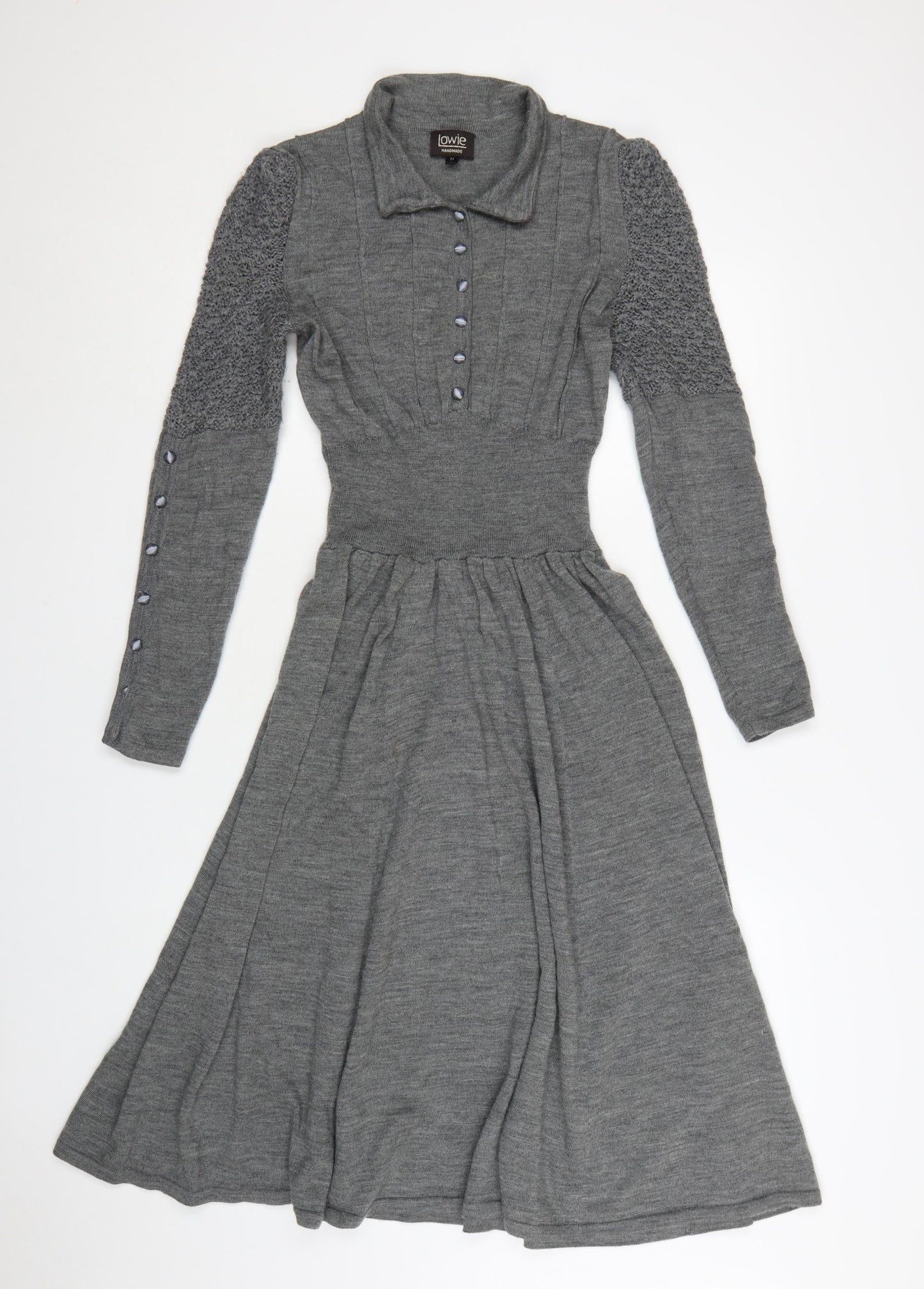 Lowie Women Grey Wool Knit Collared Fit & Flare Midi Dress M