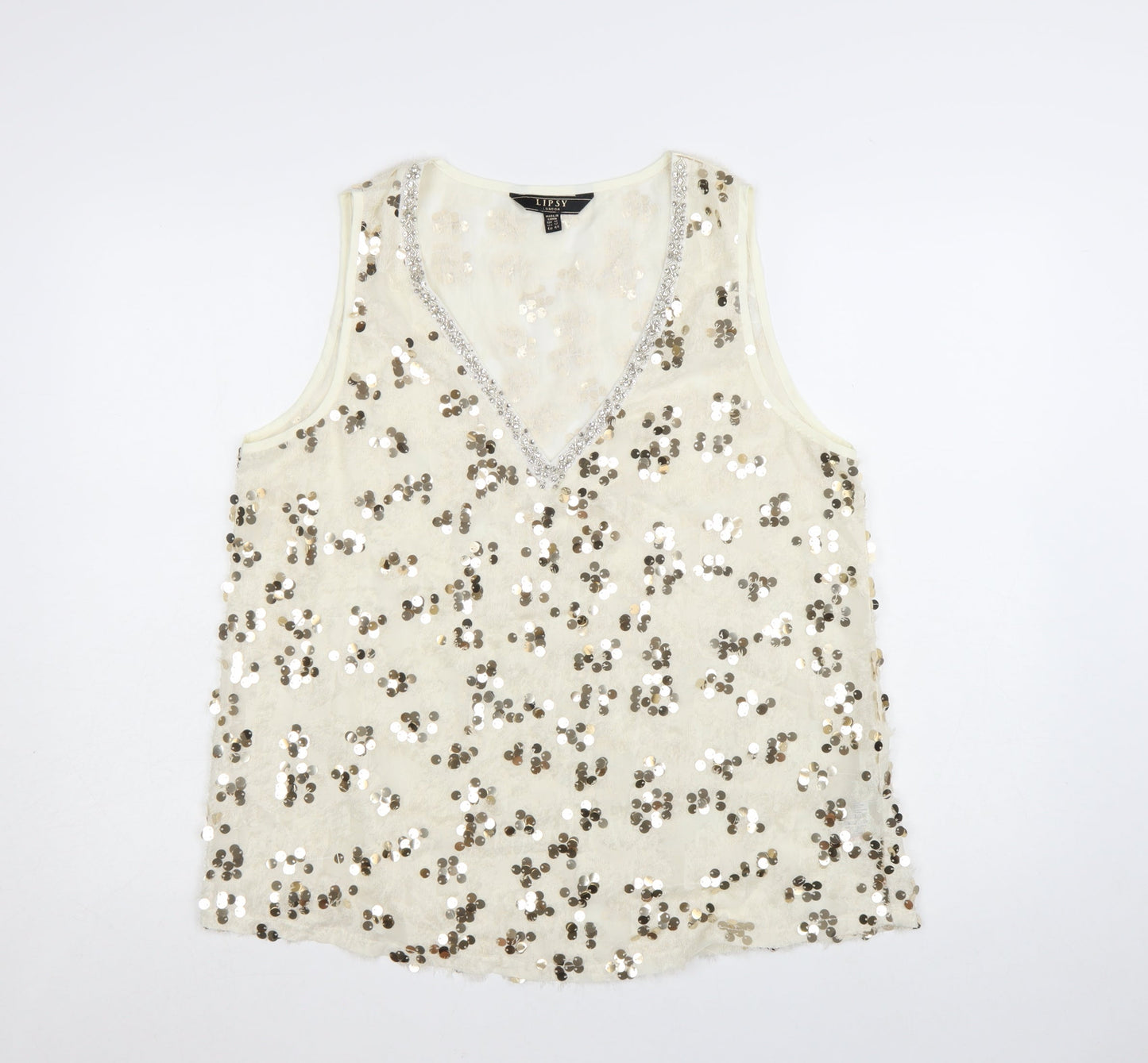 Lipsy Women’s Ivory Sequin V-Neck Camisole Tank Top Size 16