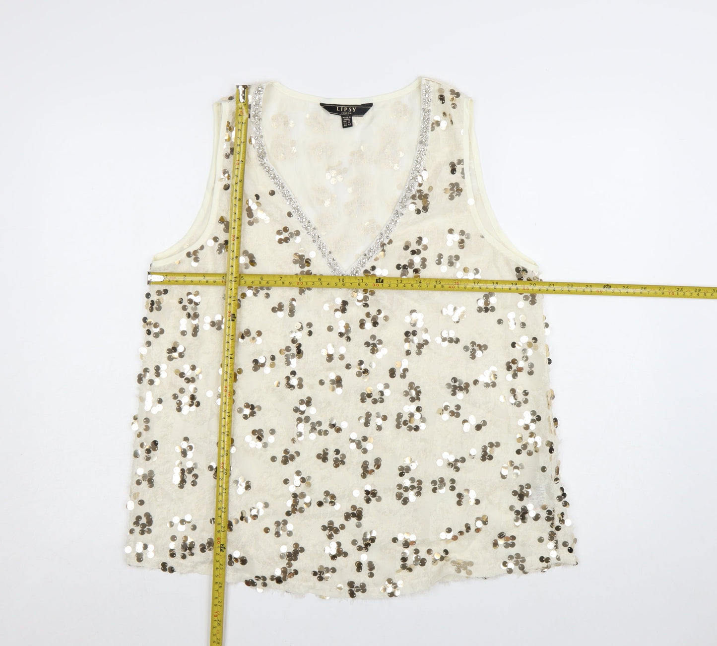 Lipsy Women’s Ivory Sequin V-Neck Camisole Tank Top Size 16