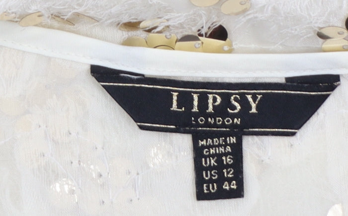 Lipsy Women’s Ivory Sequin V-Neck Camisole Tank Top Size 16