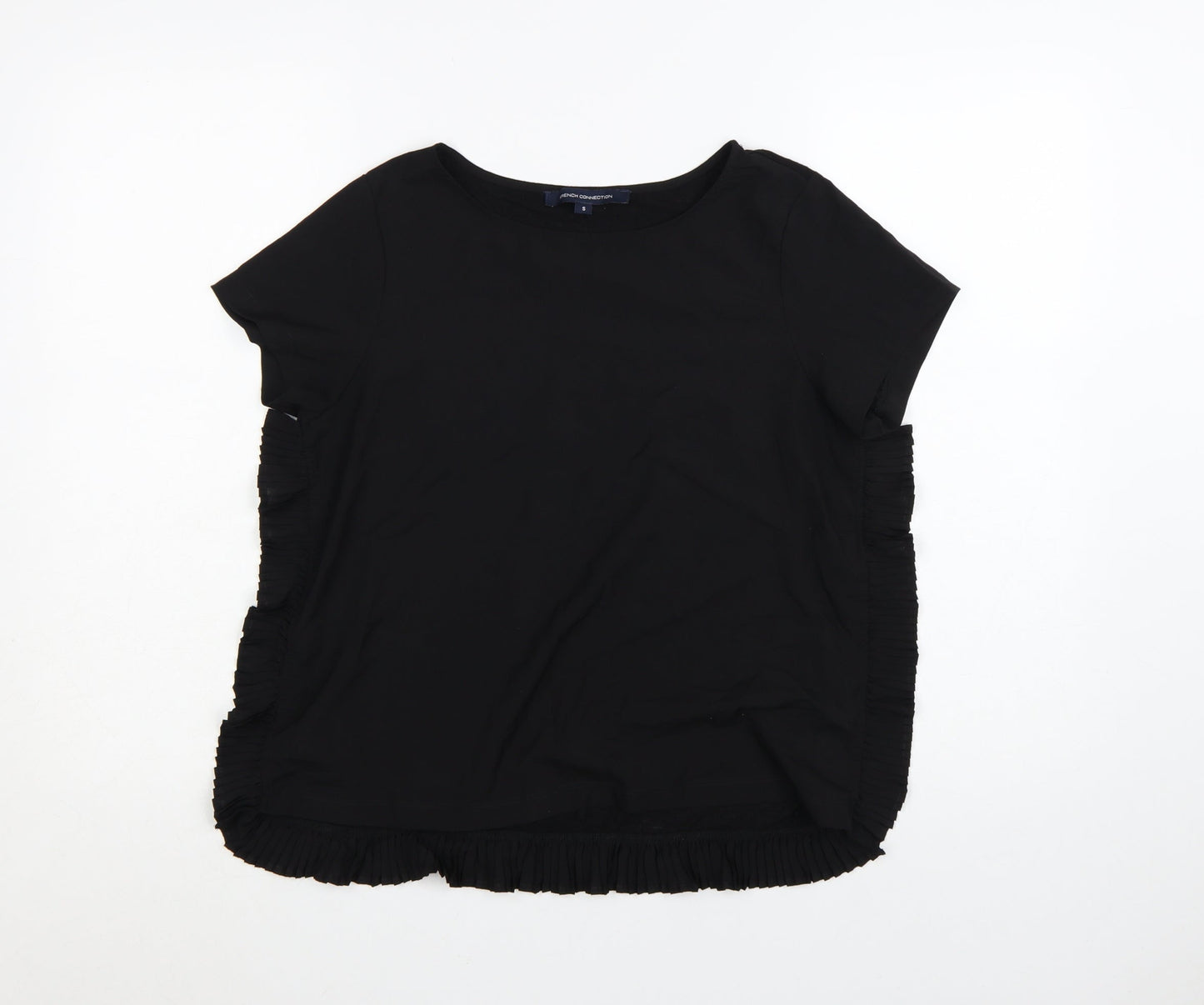 French Connection Women Black Ruffle Hem Short Sleeve Blouse S