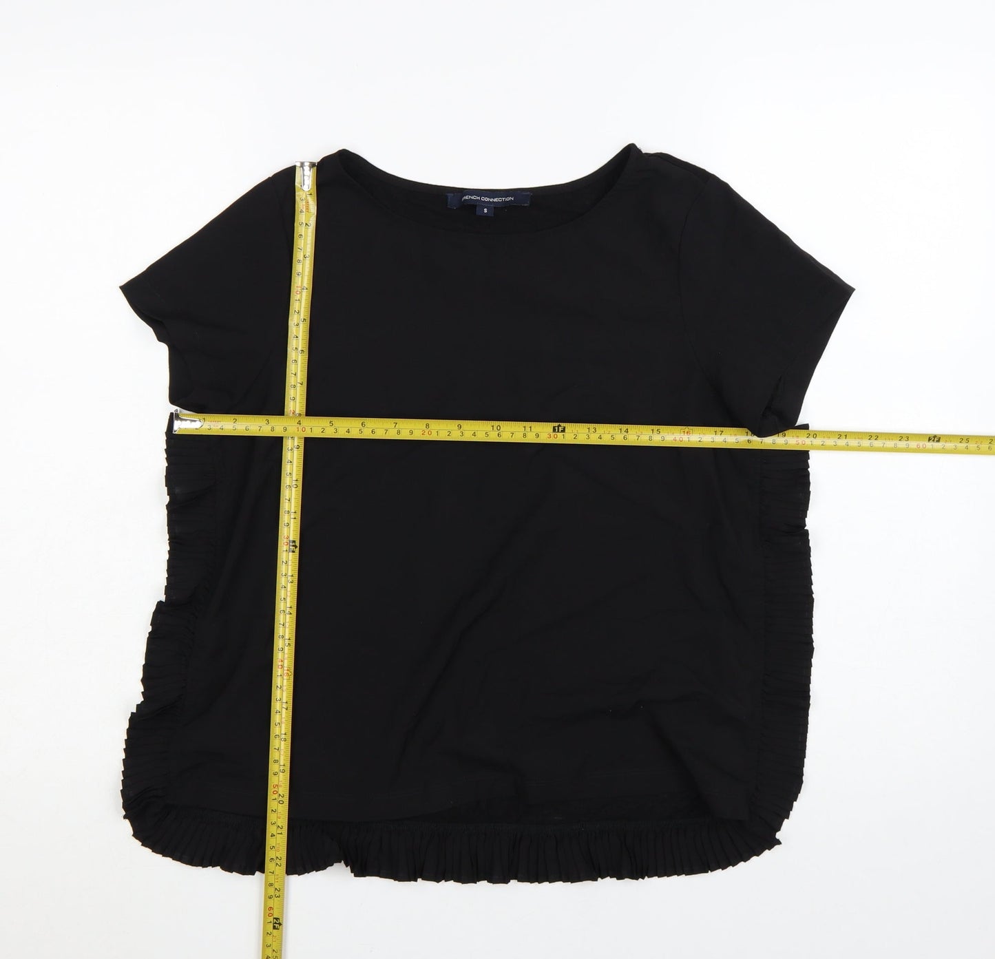 French Connection Women Black Ruffle Hem Short Sleeve Blouse S