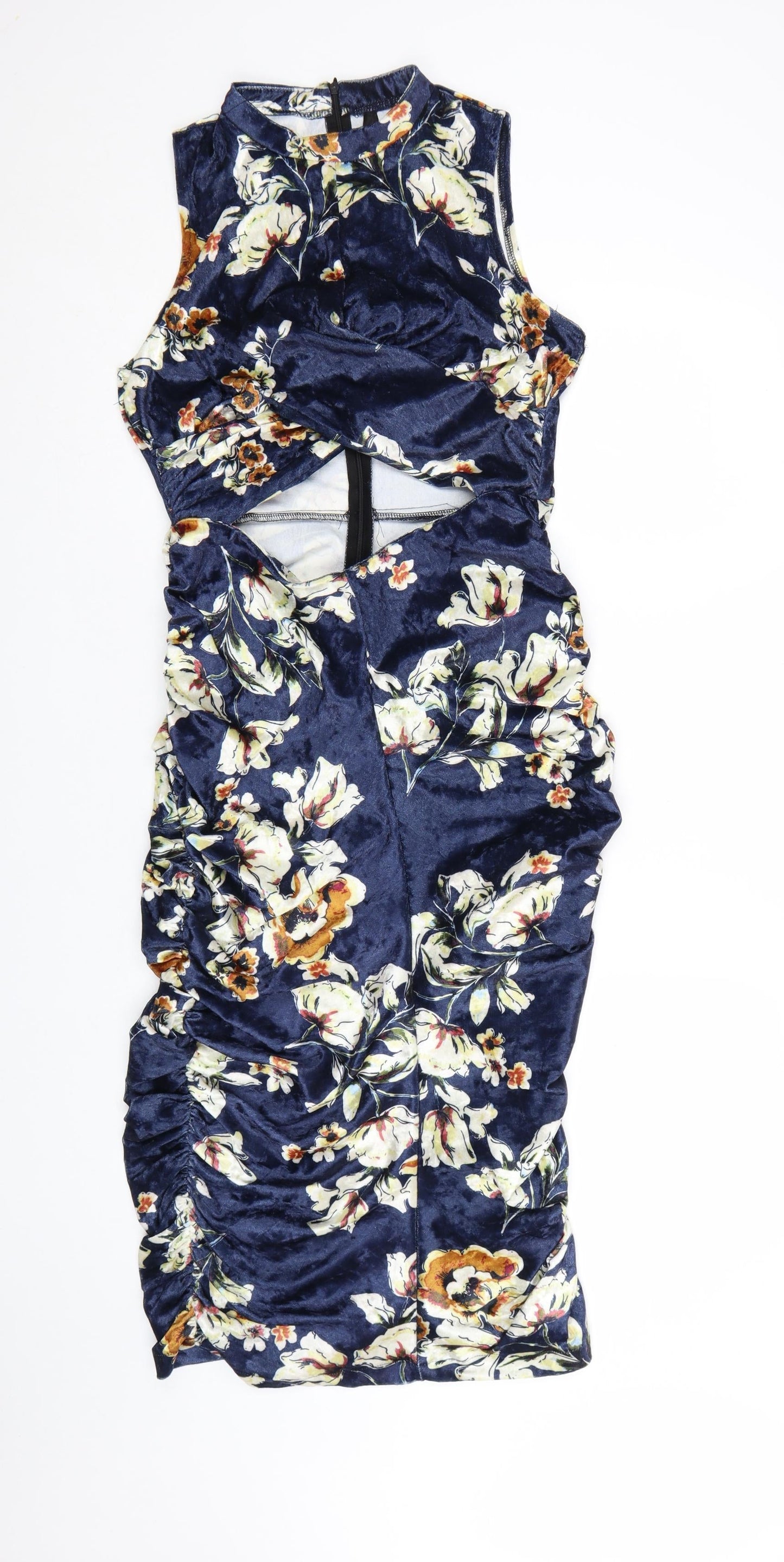 Elli White Women's Blue Floral Velvet Bodycon Cut Out Dress L