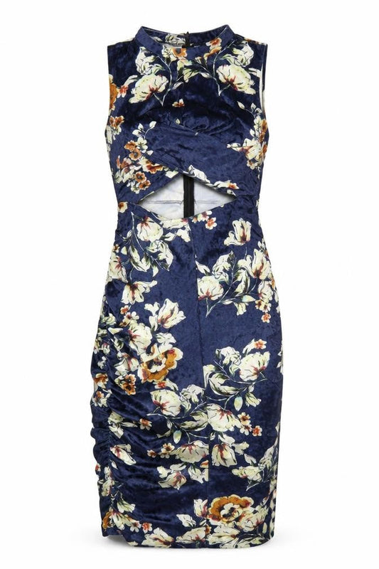 Elli White Women's Blue Floral Velvet Bodycon Cut Out Dress L