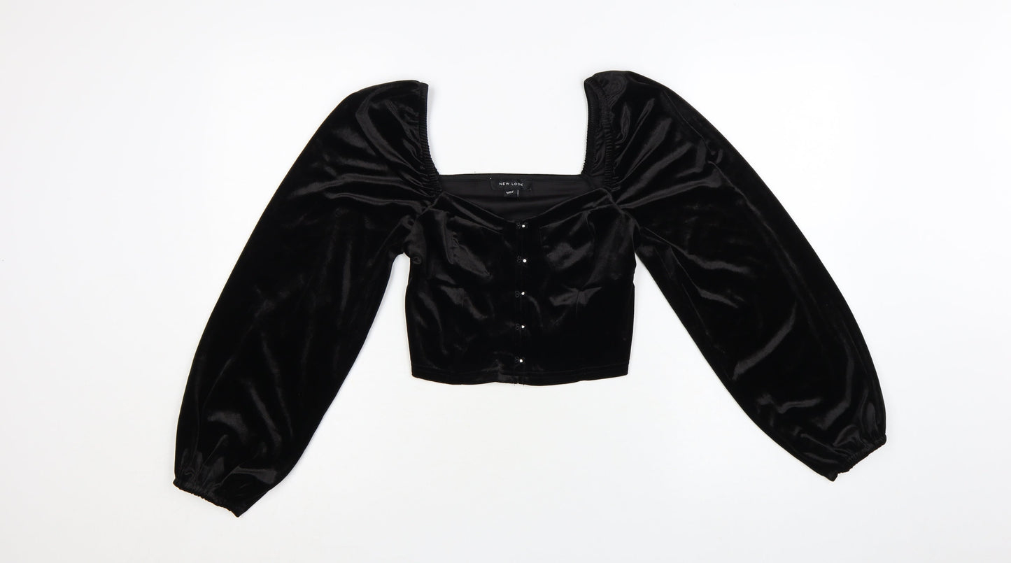New Look Women Black Velvet Cropped Blouse Size 10 Puff Sleeve