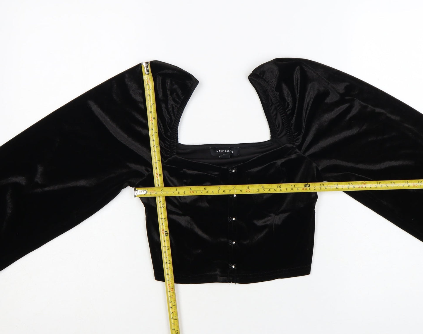 New Look Women Black Velvet Cropped Blouse Size 10 Puff Sleeve