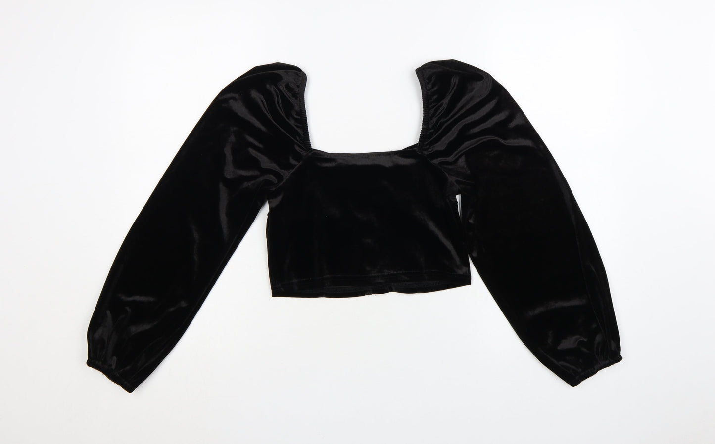 New Look Women Black Velvet Cropped Blouse Size 10 Puff Sleeve