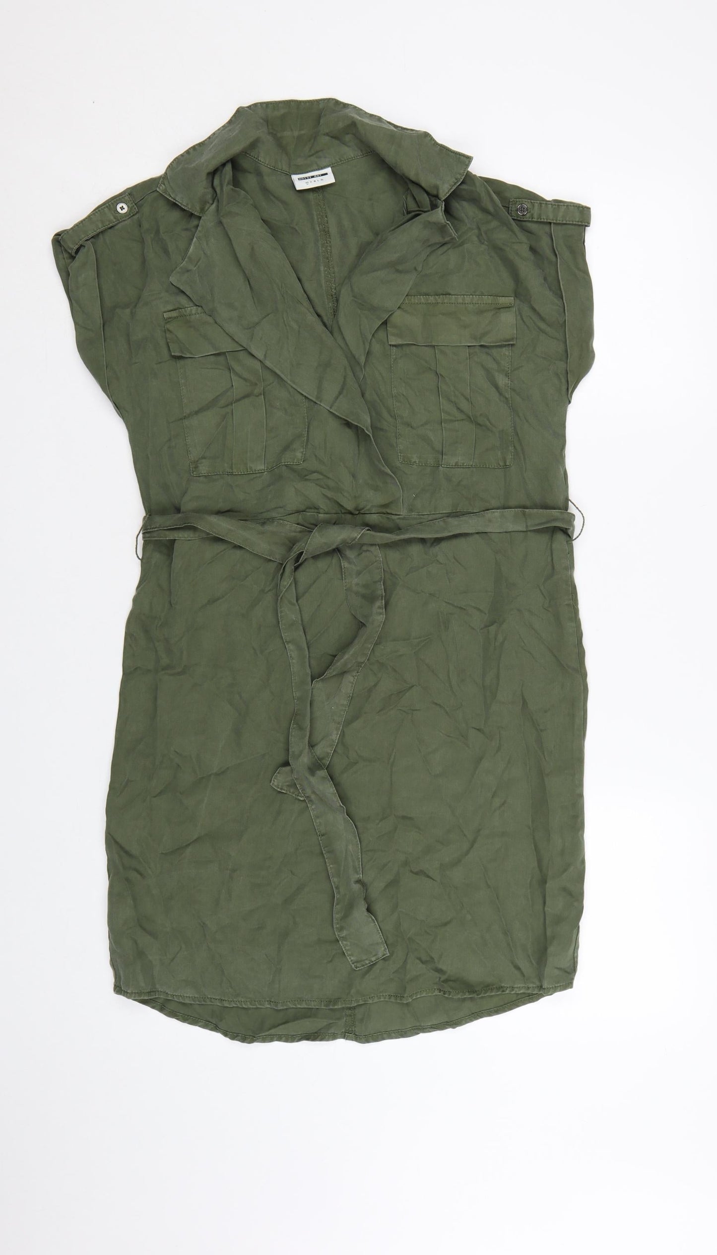 Noisy May Women Green Shirt Dress M Collared Belted Casual Utility