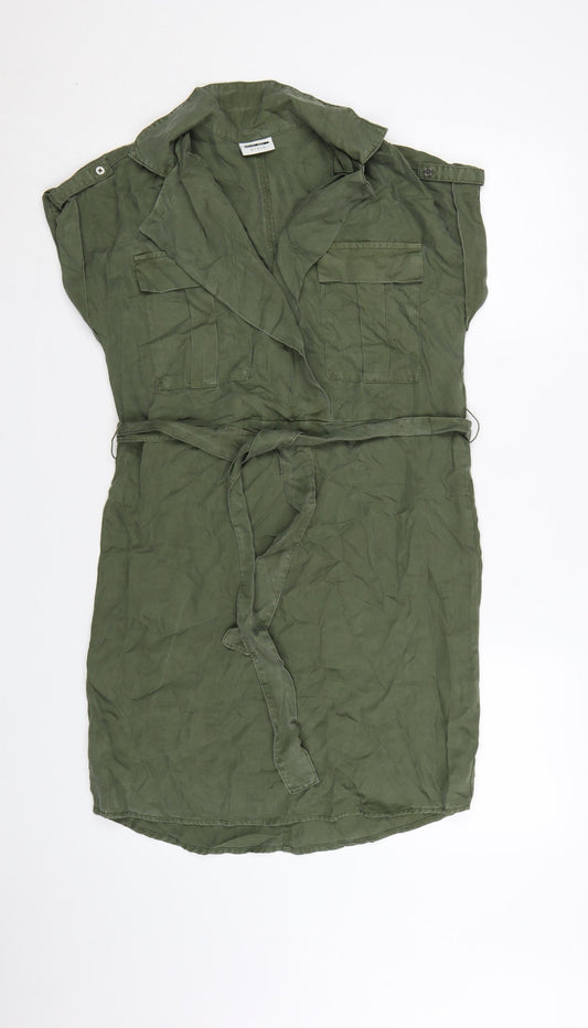 Noisy May Women Green Shirt Dress M Collared Belted Casual Utility