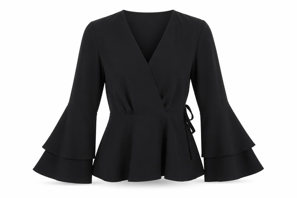 River Island Womens Black Wrap Blouse Size 10 Long Flared Sleeve