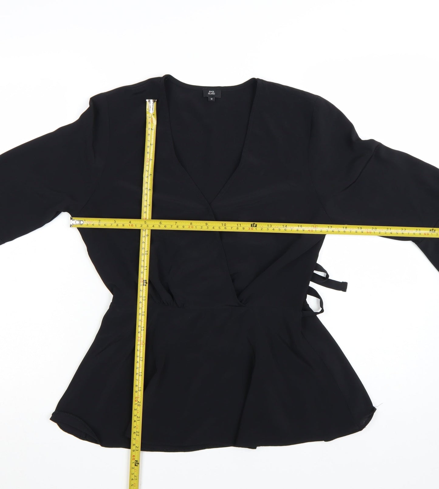 River Island Womens Black Wrap Blouse Size 10 Long Flared Sleeve